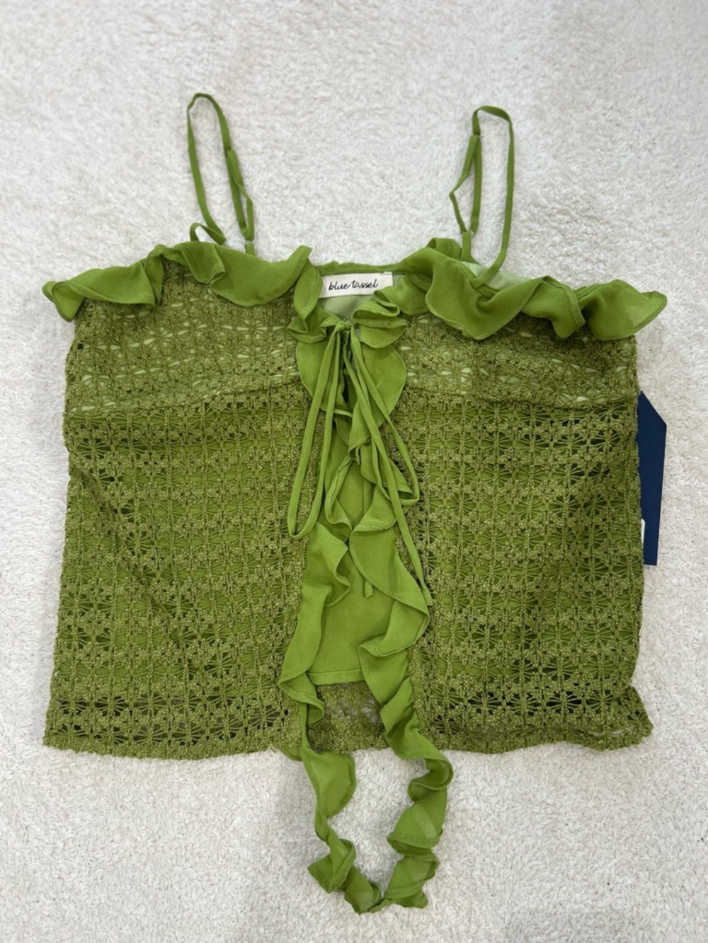 Blue Tassel Lime Green Chartreuse Crochet Ruffle Tie-Front Cami Top Size M NWOT